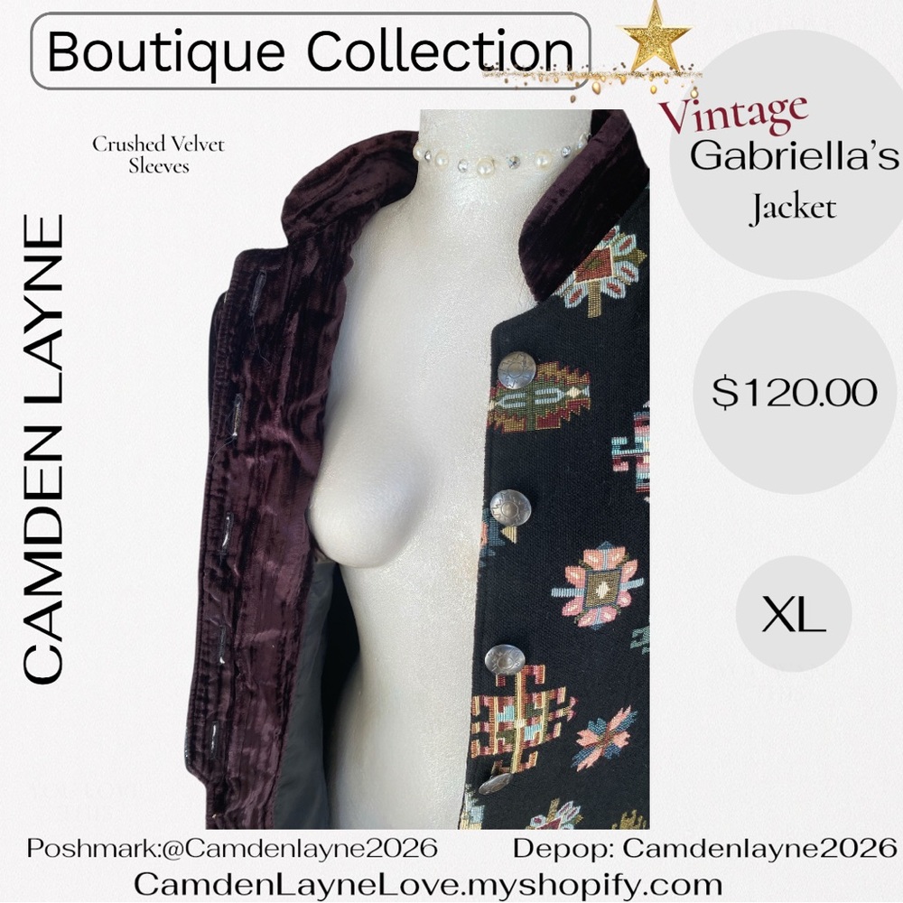 Vintage Gabriella’s Tapestry Art Needlepoint Jacket, Crushed Velvet Sleeves - Picture 6 of 13